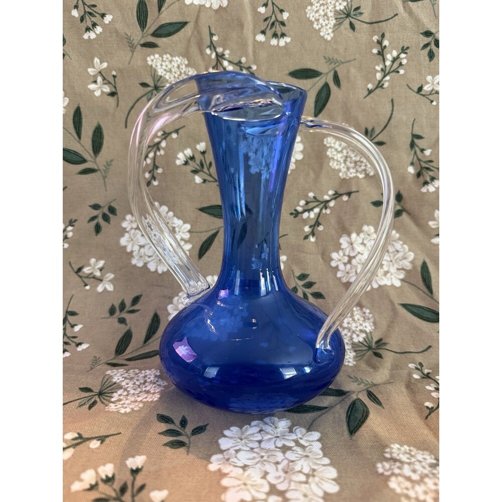 Vintage Hand-Blown Cobalt Blue Art Glass Pitcher/Ewer – Clear Handles - Signed
